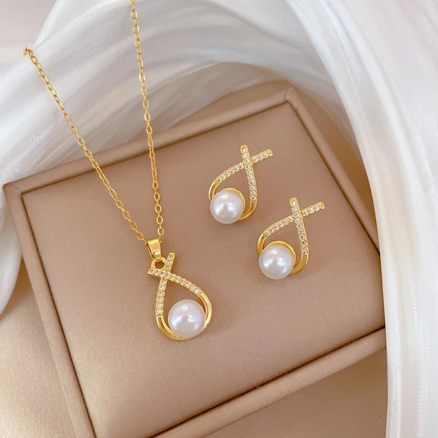 Luxurious Classic Style Artistic Water Droplets Necklace & Earrings – Titanium Steel with Copper Inlay, Artificial Pearls & Zircon-Bijou Crush