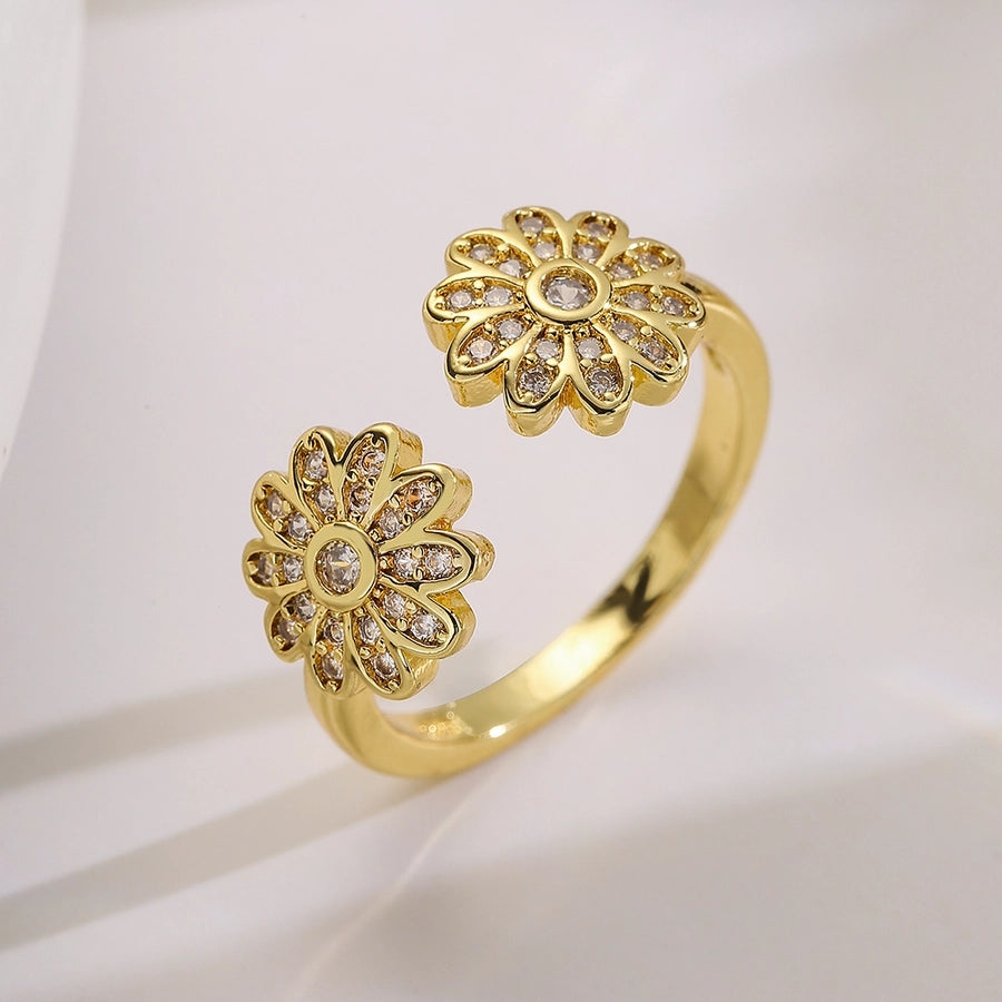 Flower Copper 18K Gold Plated Zircon Open Ring-Bijou Crush