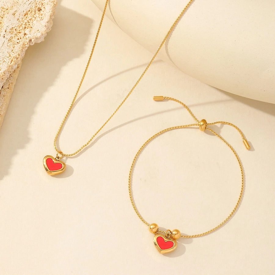 Romantic Heart Shape 304 Stainless Steel Zircon 18K Gold Plated Bracelet and Necklace-Bijou Crush