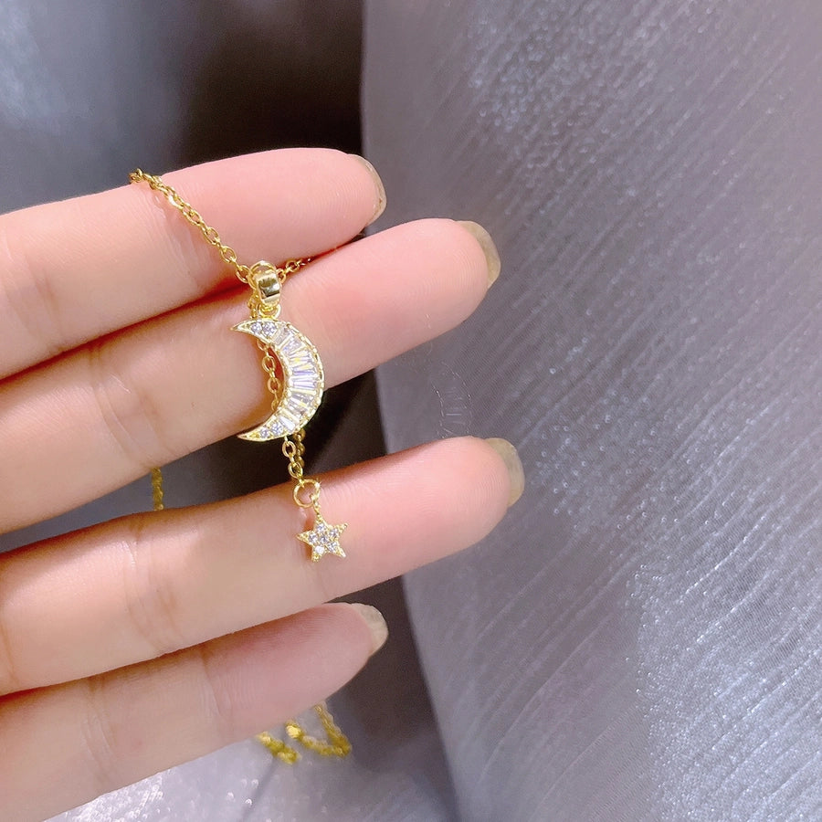 Elegant Star Moon Titanium Steel Plating Inlay Zircon 18K Gold Plated Necklace-Bijou Crush