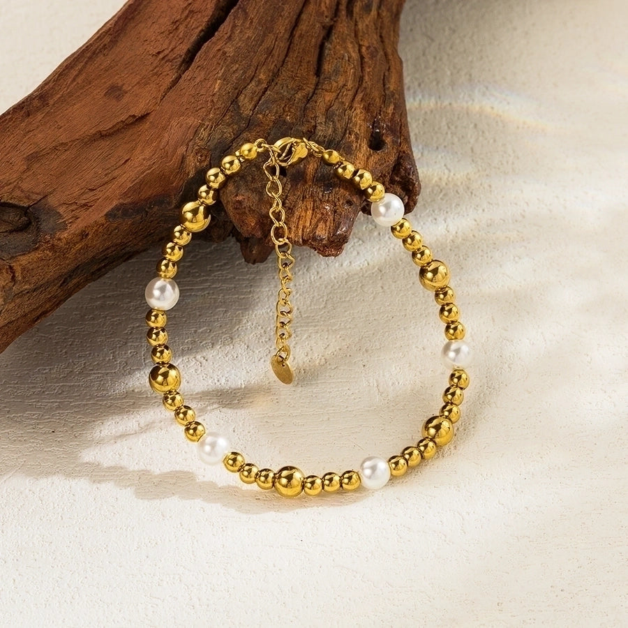 Minimal Round Pearl Bracelet & Necklace Set - 18K Gold-Plated Stainless Steel-Bijou Crush