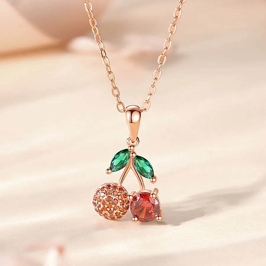 925 Sterling Silver Zircon cable chain Cherry Pendant Necklace-Bijou Crush