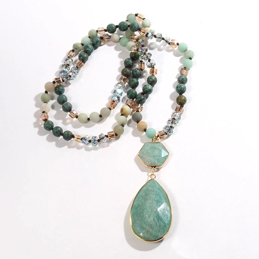 Bohemian Water Droplets Natural Stone Glass Pendant Necklace Sweater Chain Necklace-Bijou Crush