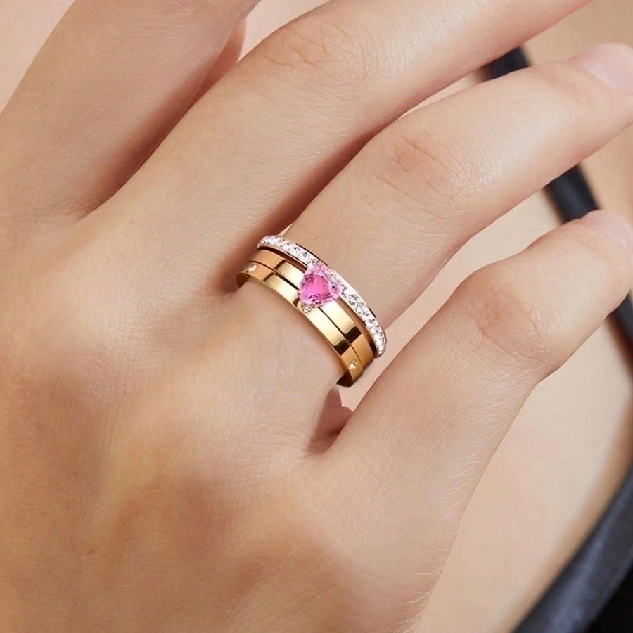 Elegant Heart Shape 304 Stainless Steel Zircon Gold Plated Inlay Rings-Bijou Crush