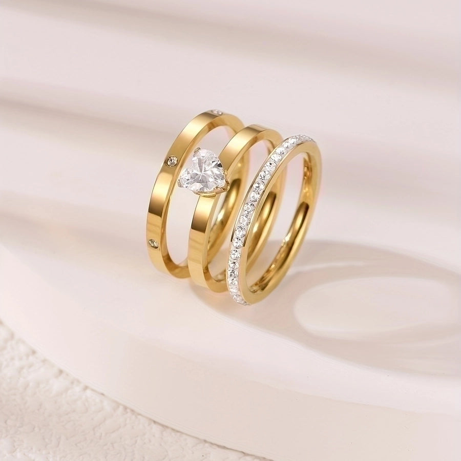 Elegant Heart Shape 304 Stainless Steel Zircon Gold Plated Inlay Rings-Bijou Crush