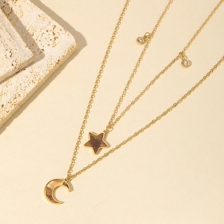 Cosmic Vibes: Star & Moon Double Layer Necklace – Gold-Plated Stainless Steel Shine-Bijou Crush