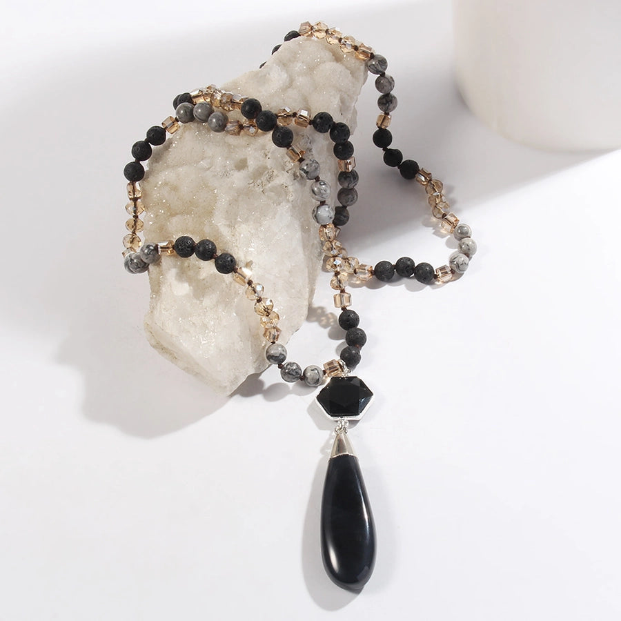 Bohemian Water Droplets Natural Stone Glass Pendant Necklace Sweater Chain Necklace-Bijou Crush