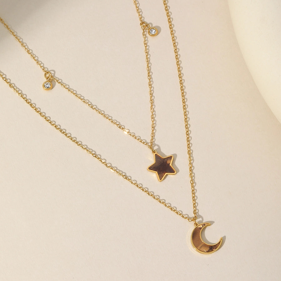 Cosmic Vibes: Star & Moon Double Layer Necklace – Gold-Plated Stainless Steel Shine-Bijou Crush