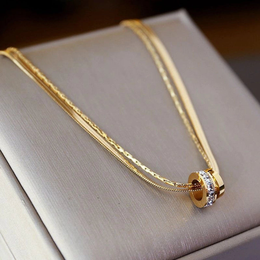 Classy Style Circle Titanium Steel Zircon Inlay Double Layer Necklaces-Bijou Crush