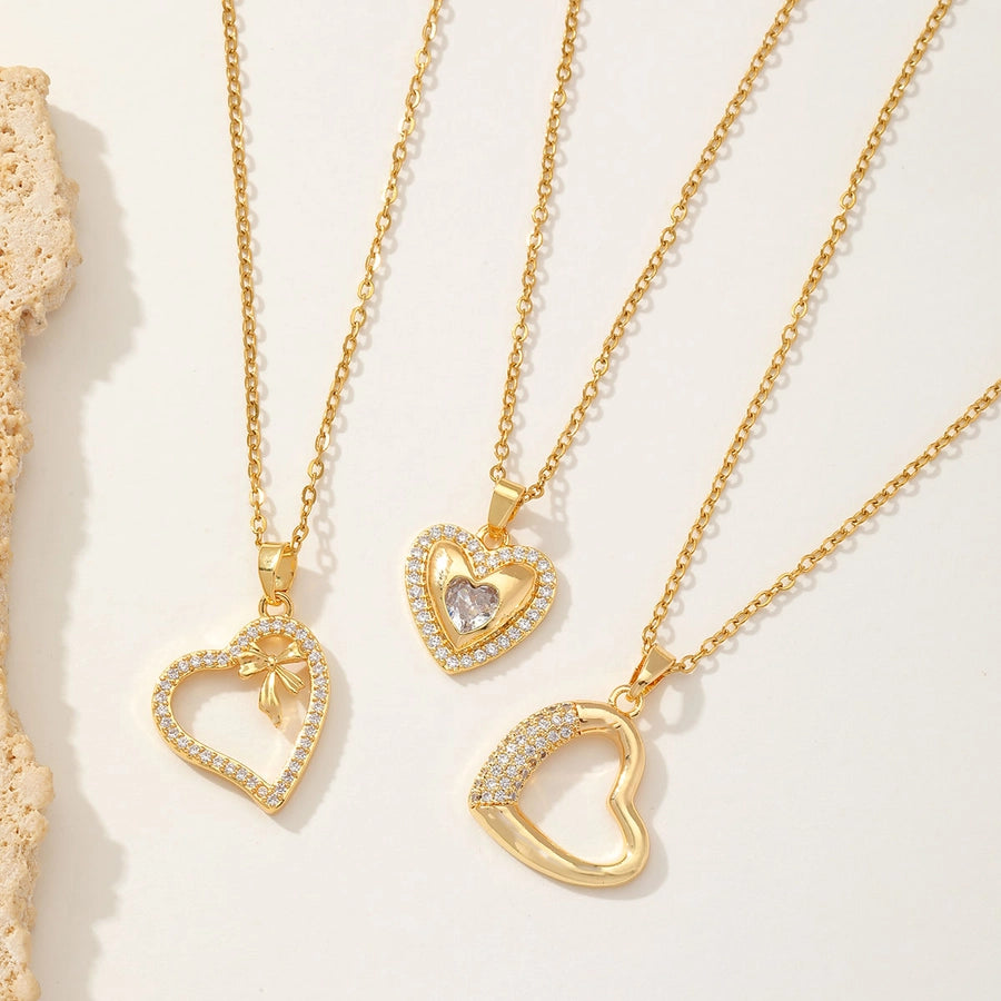 Sweet Heart Shape 304 Stainless Steel Copper Zircon 18K Gold Plated Inlay Pendant Necklace-Bijou Crush