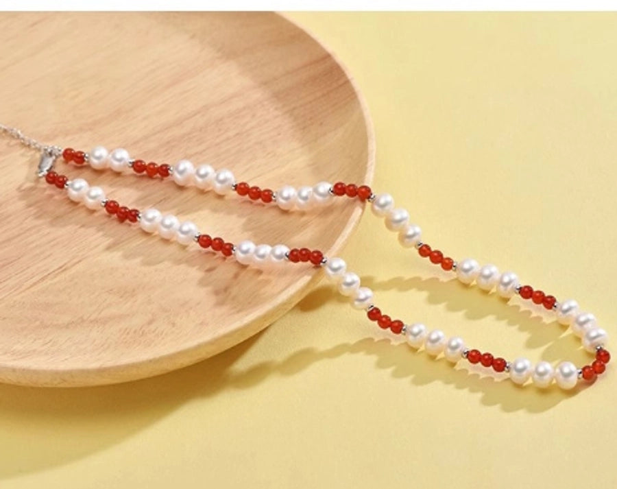 Elegant Geometric Necklace with Freshwater Pearls & Mother of Pearl Shell-Bijou Crush