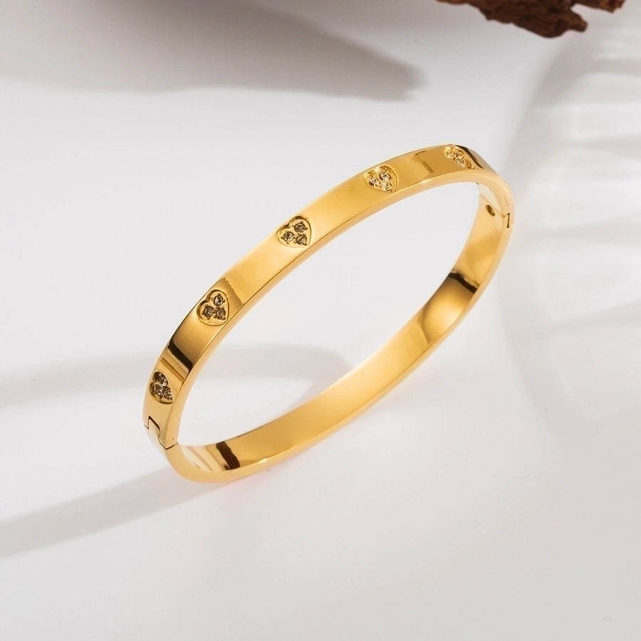 French Style Four Leaf Clover Heart Shape Flower 304 Stainless Steel 18K Gold Plated Zircon Bangle-Bijou Crush