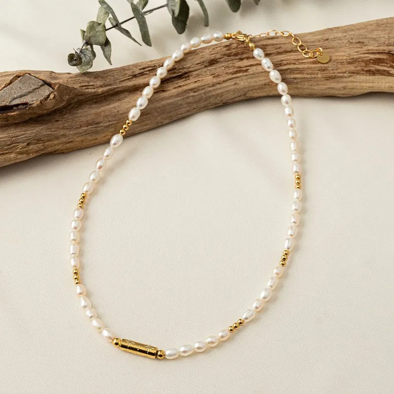 Freshwater Pearl Titanium Steel 18K Gold Plated Beaded Round Oval Necklace-Bijou Crush