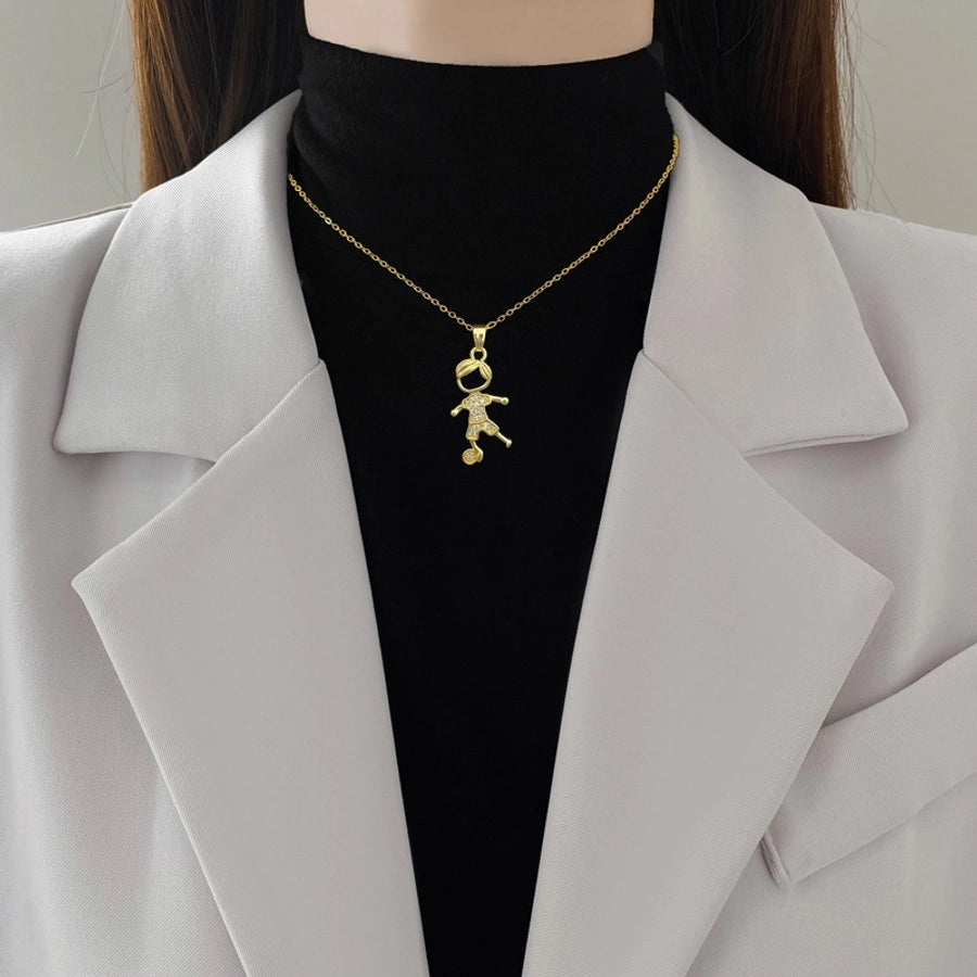 Titanium Steel Copper Gold Plated Cute Modern Style Classic Style Inlay Human Boy Football Zircon Pendant Necklace-Bijou Crush