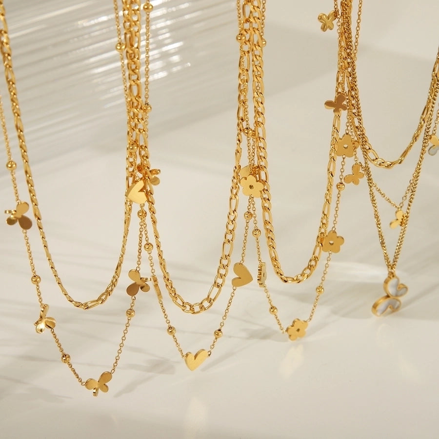 French Vibes: Heart, Flower, and Butterfly Layers – Gold-Plated Stainless Steel Necklaces-Bijou Crush