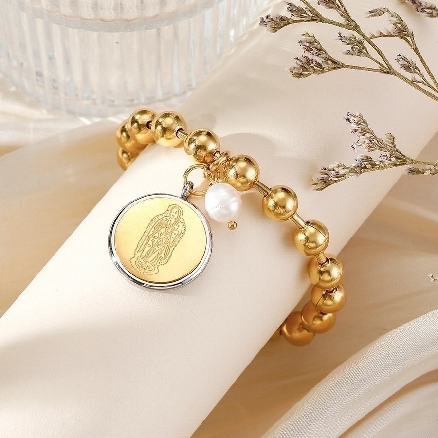 304 Stainless Steel 24K Gold Plated Sweet Classic Style Beaded Inlay Flower Pearl Bracelets-Bijou Crush