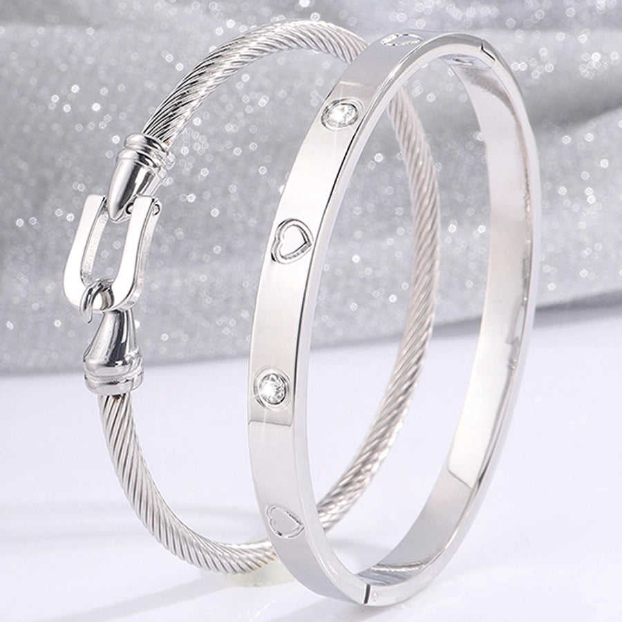 Stainless Steel Heart Bangle Set – Elegant 2-Piece Design-Bijou Crush