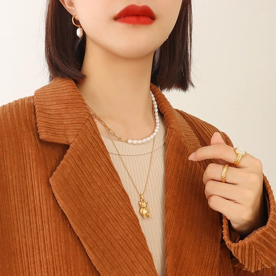 French Style 304 Stainless Steel 18K Gold Plated Plating Teddy Bear Necklace-Bijou Crush