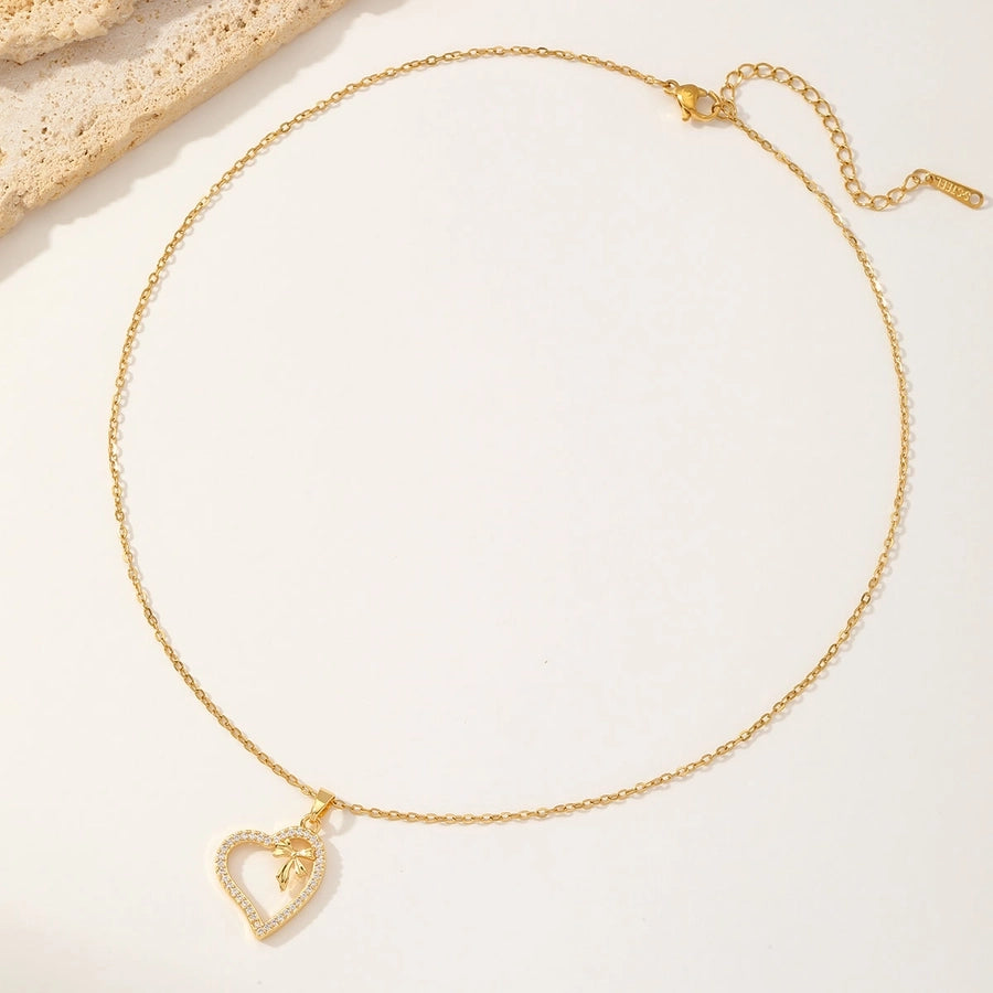 Sweet Heart Shape 304 Stainless Steel Copper Zircon 18K Gold Plated Inlay Pendant Necklace-Bijou Crush