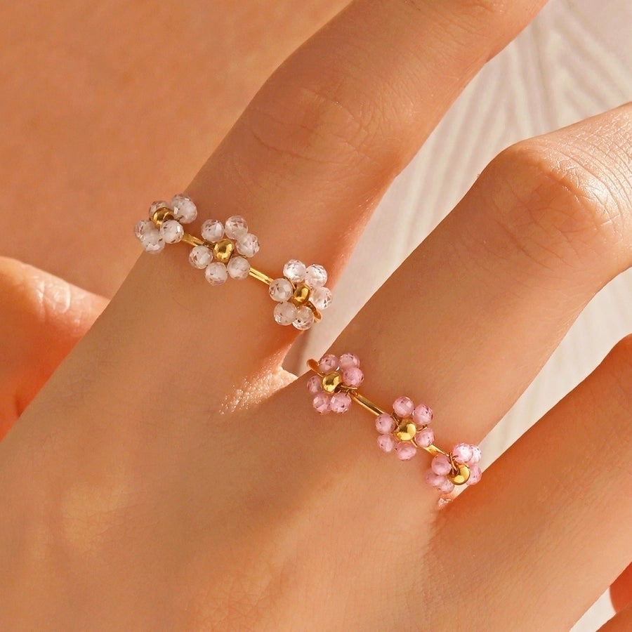 Sweet Flower 304 Stainless Steel 18K Gold Plated Beaded Knitting Open Rings-Bijou Crush