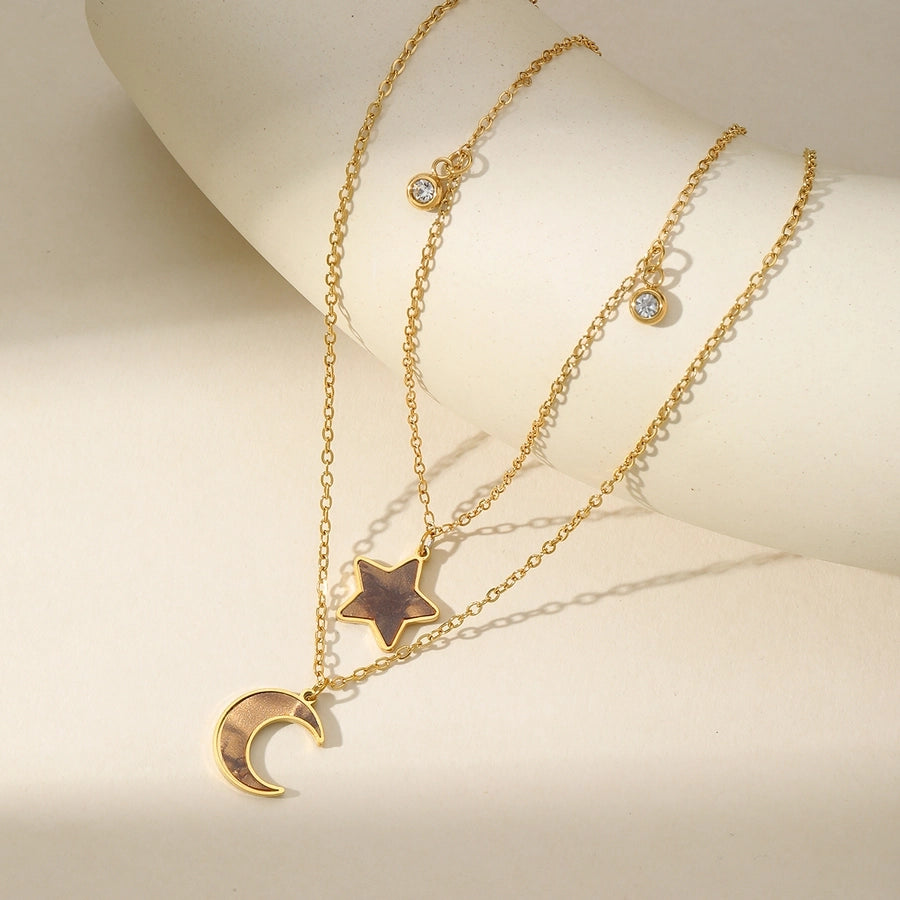 Cosmic Vibes: Star & Moon Double Layer Necklace – Gold-Plated Stainless Steel Shine-Bijou Crush