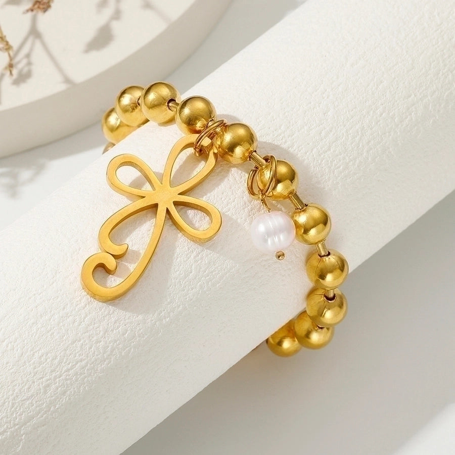 304 Stainless Steel 24K Gold Plated Sweet Classic Style Beaded Inlay Flower Pearl Bracelets-Bijou Crush