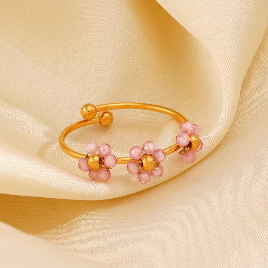 Sweet Flower 304 Stainless Steel 18K Gold Plated Beaded Knitting Open Rings-Bijou Crush