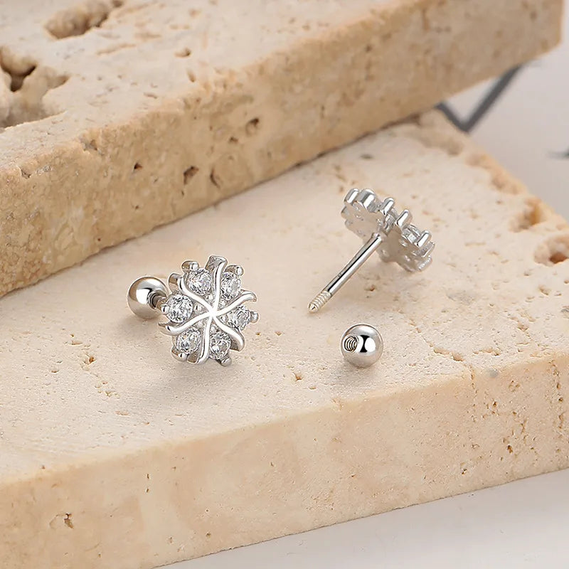 925 Sterling Silver Zircon Snowflake Screw Back Ear Studs-Bijou Crush