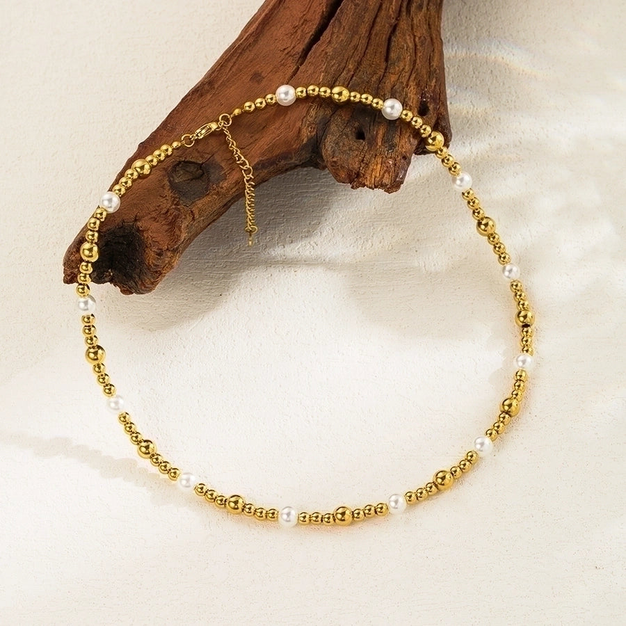 Minimal Round Pearl Bracelet & Necklace Set - 18K Gold-Plated Stainless Steel-Bijou Crush