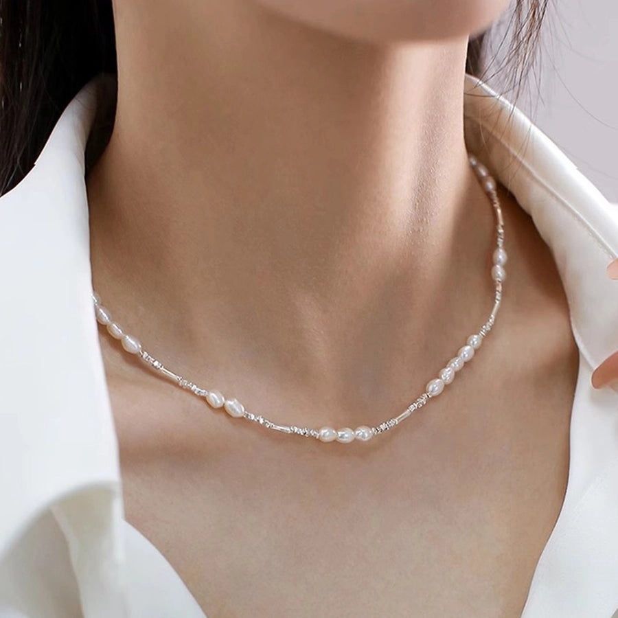 Elegant Geometric Necklace with Freshwater Pearls & Mother of Pearl Shell-Bijou Crush