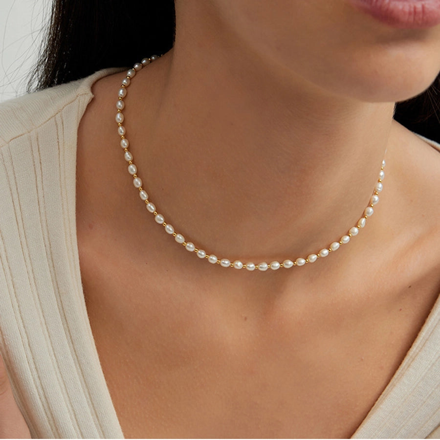 Elegant Geometric Necklace with Freshwater Pearls & Mother of Pearl Shell-Bijou Crush