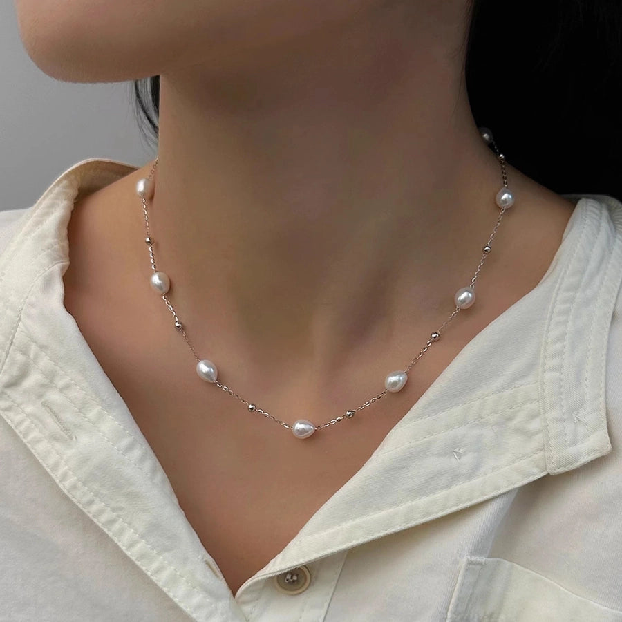 Elegant Geometric Necklace with Freshwater Pearls & Mother of Pearl Shell-Bijou Crush