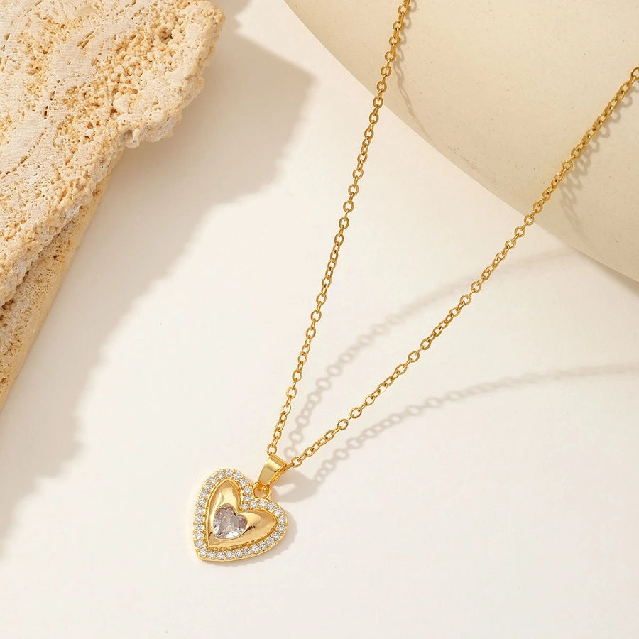 Sweet Heart Shape 304 Stainless Steel Copper Zircon 18K Gold Plated Inlay Pendant Necklace-Bijou Crush