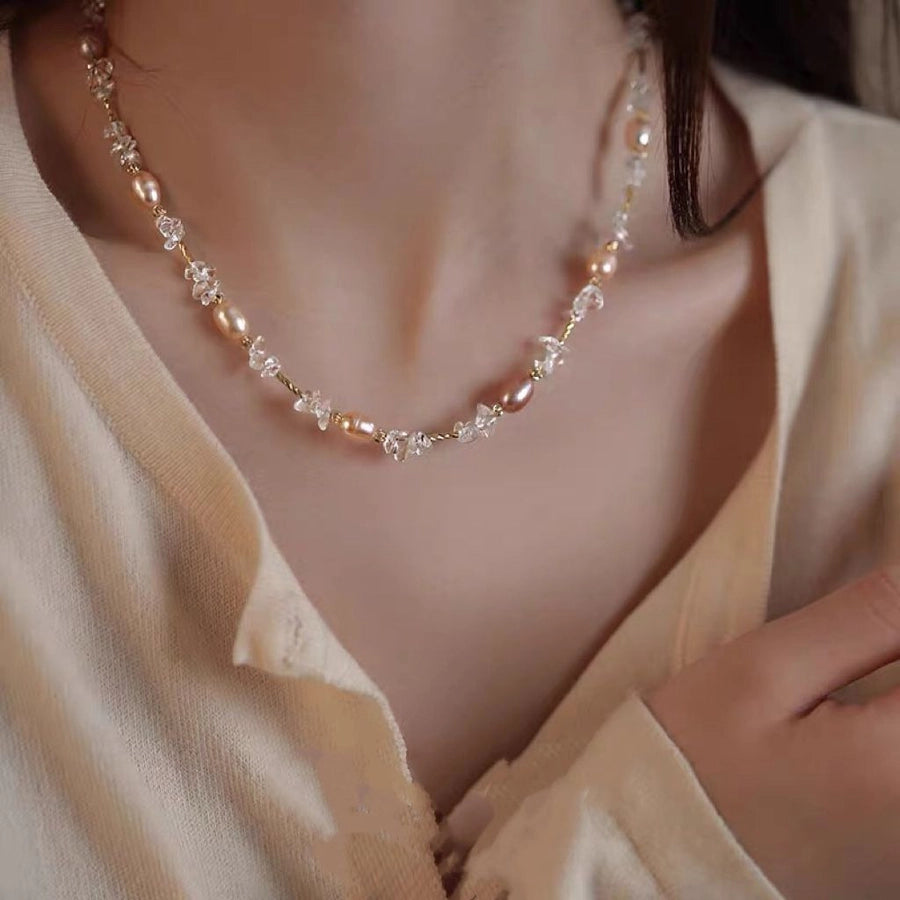 Elegant Geometric Necklace with Freshwater Pearls & Mother of Pearl Shell-Bijou Crush