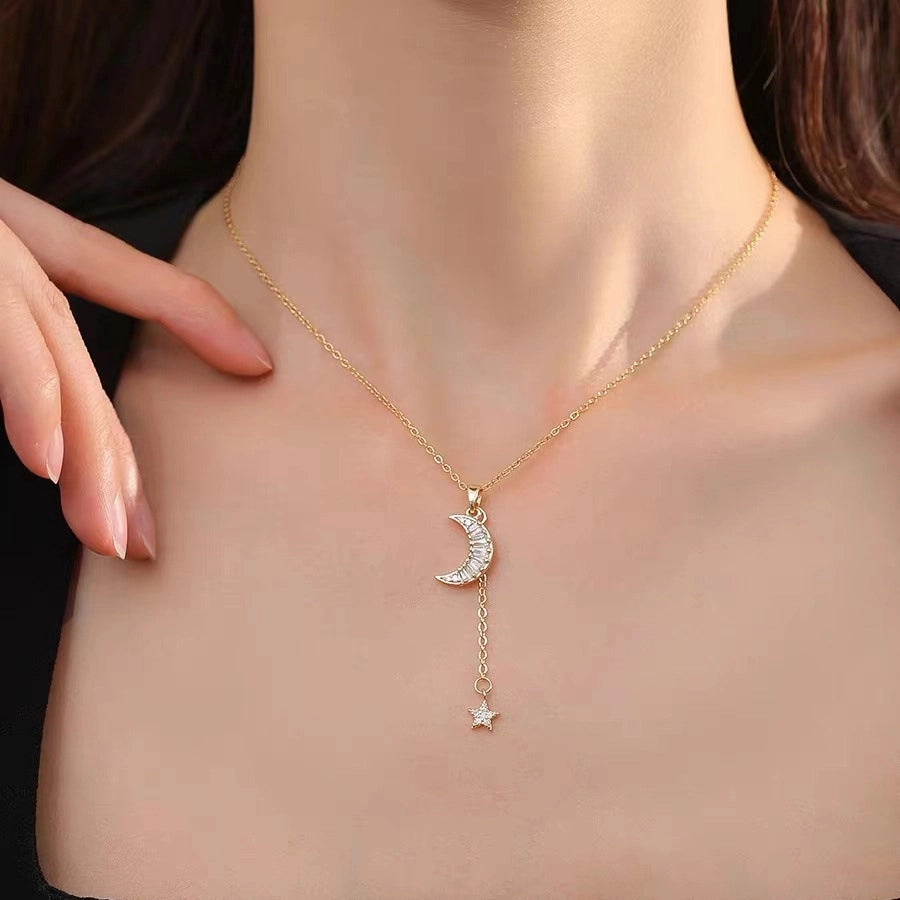 Elegant Star Moon Titanium Steel Plating Inlay Zircon 18K Gold Plated Necklace-Bijou Crush
