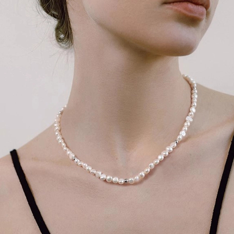 Elegant Geometric Necklace with Freshwater Pearls & Mother of Pearl Shell-Bijou Crush